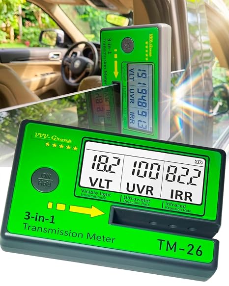 Digital Window Tint Meter TM-26 Automotive VLT Tester with UVR & IRR Measurement, 8mm Slot Light Transmittance Meter for Car Side Windows and Solar Film Inspection (TM-26 with PU case)