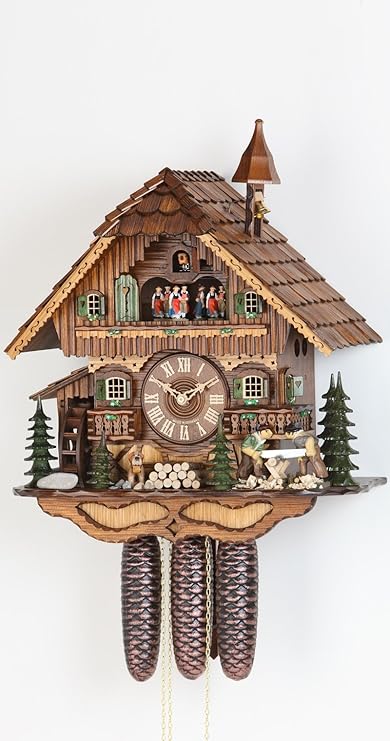 Cuckoo Clock Black Forest house with moving wood chopper and mill wheel KA 37288