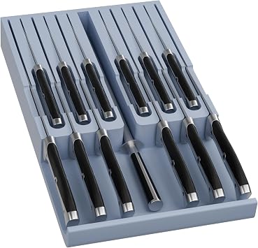 Domax Bamboo In-Drawer Knife Block Kitchen Knife Organizer Insert for 12 Knives and 1 Sharpening SteelNot Included, Steak Knife Holder, Gray