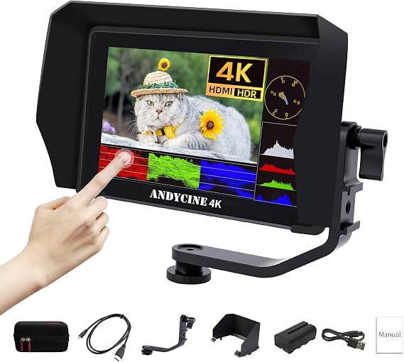 ANDYCINE A6 Plus V2 6" On Camera Monitor Bundle, 1920x1080 IPS Field Touchscreen HDR 4K HDMI 8.4V DC 5V2A USB C with Carry Case, Sunhood 3D LUT Waveform Peaking Focus Zebra