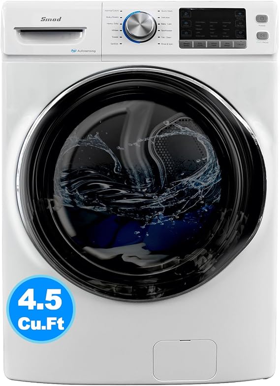 Smad 4.5 Cu. Ft. Front Load Washing Machine with Quiet Inverter Motor, 27 in. Front Load Washers, Steam and Water Plus Functions, Quick Wash, 12 Washing Cycles, 120V, White