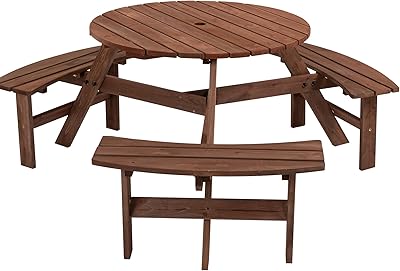 6-Person Outdoor Circular Wooden Picnic Table, Camping Dining Table w 3 Built-in Benches, Outside Table Set with Umbrella Hole, 1720lb Capacity for Garden Patio Backyard - Brown