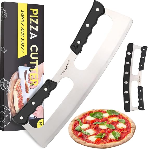 Sharp Pizza Cutter Rocker 14 inch with Double Handles and Protective Cover, Good for Kitchen Dining Room