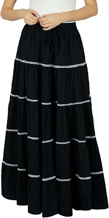 Bimba Womens Long Flaired Cotton Skirt Boho Maxi Bottoms Elastic Waist Indian Clothing