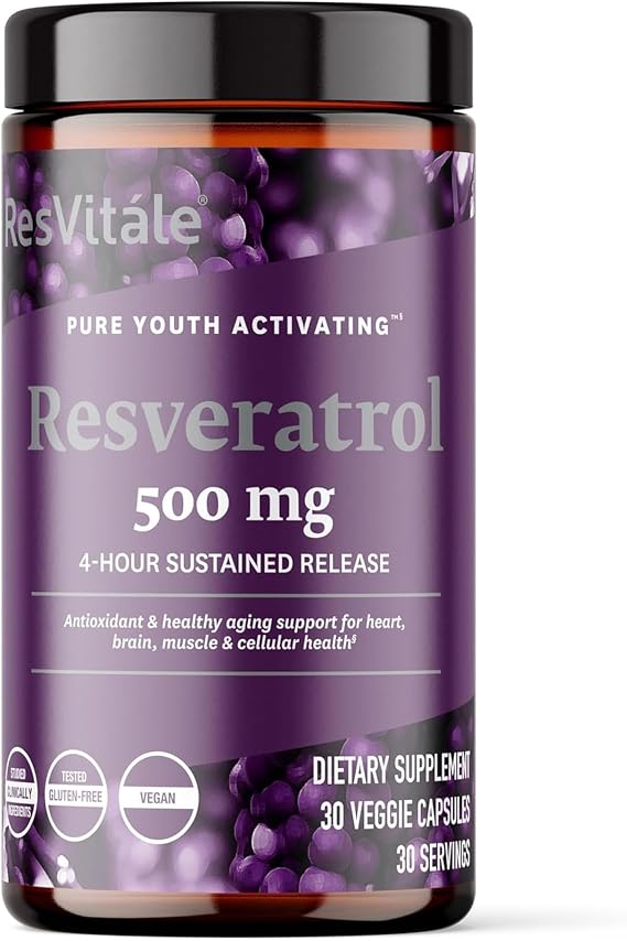 ResVitale Resveratrol 500 mg, Resveratrol Supplement, 30 Veggie Capsules