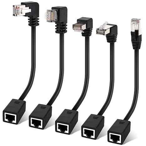 Cat 6 Ethernet Extension Cable 5 Pack,Multiple Angles(UP/Down/Left/Right/Straight), Cat6 RJ45 Network LAN Patch Cord Adapter, FTP Shielded Male to Female Connector, Supports CAT5E/CAT5-0.6 Feet