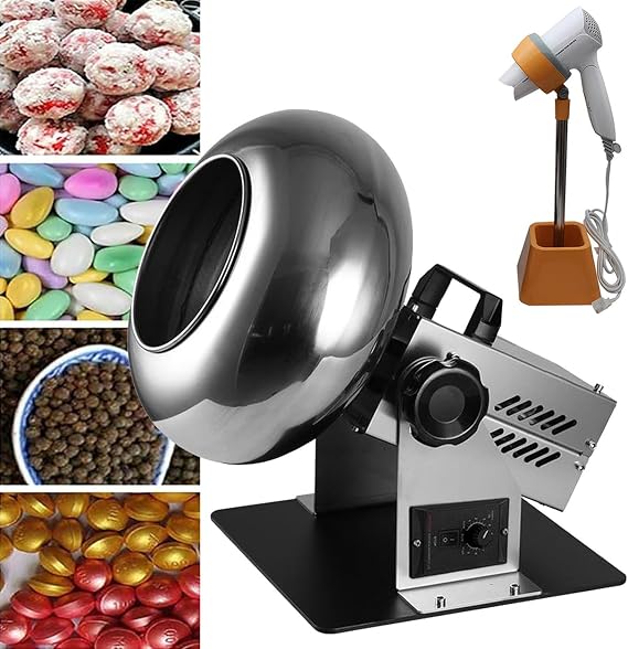 Small Commercial Chocolate Panning Machine, 1-3 Kg/Time Sugar Ball Coating Drying Machine, Adjustable Speed & Angle, Peanut Nut Coating Machine with Stand & Blower