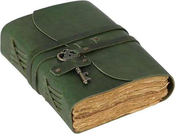 Leather Vintage Journal Retro Travel Diary, an Exclusive Handmade Paper Notebook with Key Leather Bound Journal for Men and Women (8 x 6 Green)
