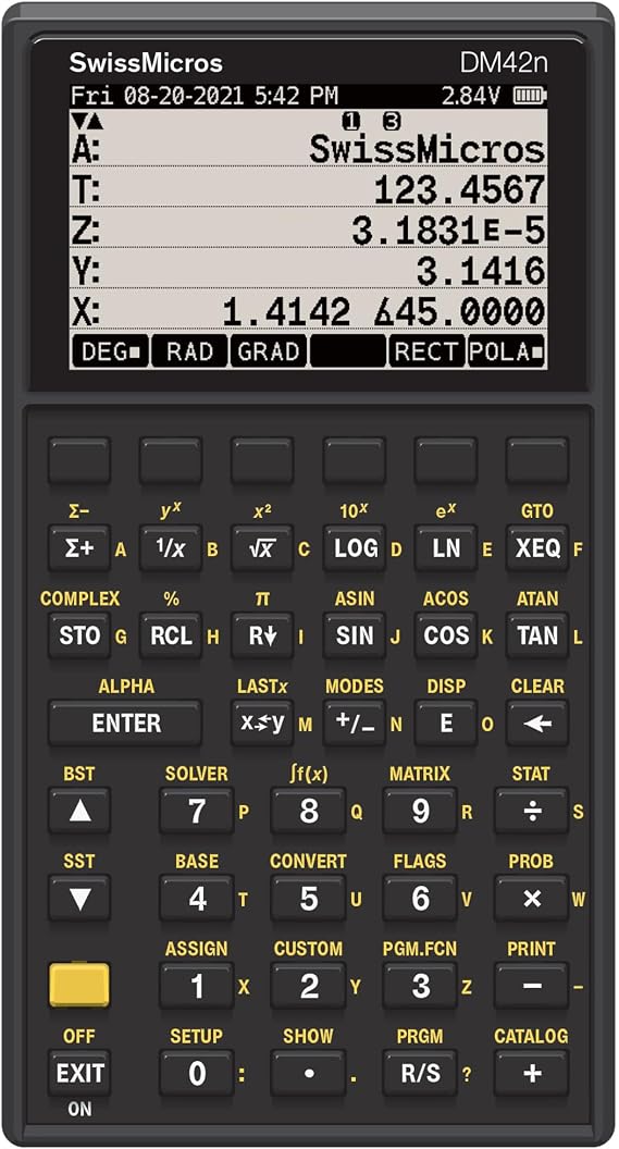 SwissMicros DM42n RPN Calculator HP 42S Software, 316L Stainless Steel Casing, 34-Digit Precision, Matrix Solver