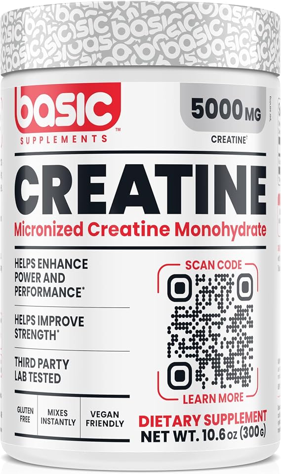 BASIC SUPPLEMENTS Micronized Creatine Monohydrate, 5000mg per Serving, Helps Enhance Power and Performance, Helps Improve Strength, Third Party Lab Tested, Instant-Mix, Gluten Free, Vegan Friendly