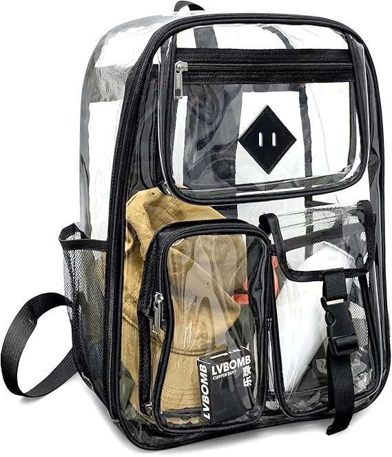 Clear Backpack See Through Rucksack Large Transparent Bag for Work Waterproof Bookbag PVC School Gym Bag with Adjustable Straps Stadium Approved for Concerts Sports (43x35x17cm) (Version A)