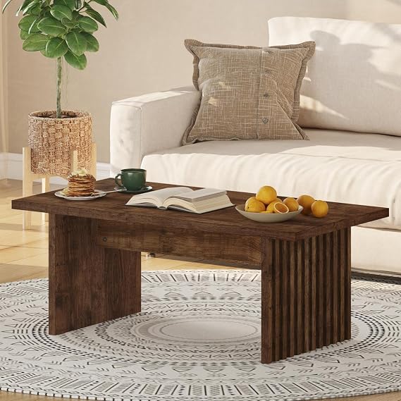 BON AUGURE Coffee Table for Living Room, 43Inch Farmhouse Wood Center Table, Rectangle Mid-Century Living Room Tables, Unique Fluted Panel Coffee Tables (Rustic Oak)