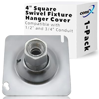 COREX 4 Square Swivel Fixture Hanger Cover for Use with Square Electrical Boxes - Fits 12 and 34 Threaded Nipple and Conduit - Malleable Iron Swivel Hub with Steel Cover and Reducing Bushing