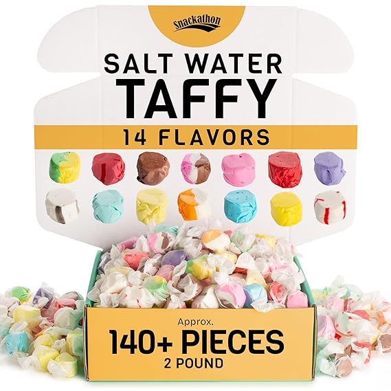 Snackathon Salt Water Taffy Assorted Mix 14 Flavor Variety, Bulk 2 LB Family Size, Soft & Chewy Gourmet Candy, Approx. 140+ Individually Wrapped Pieces