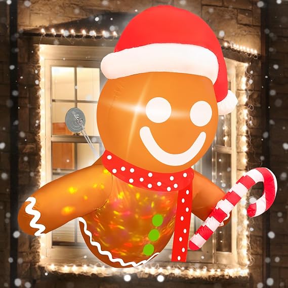 Gingerbread Inflatables - 5Ft Christmas Outdoor Decoration with LED Rotating Colorful Lights - Durable, Waterproof Yard Decorations