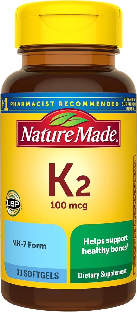 Nature Made Vitamin K2 100 mcg, 30 Softgels | Vitamin K2 Supplement, Vitamin K2 MK7 Form to Help Support Healthy Bones, USP Verified, 30 Day Supply