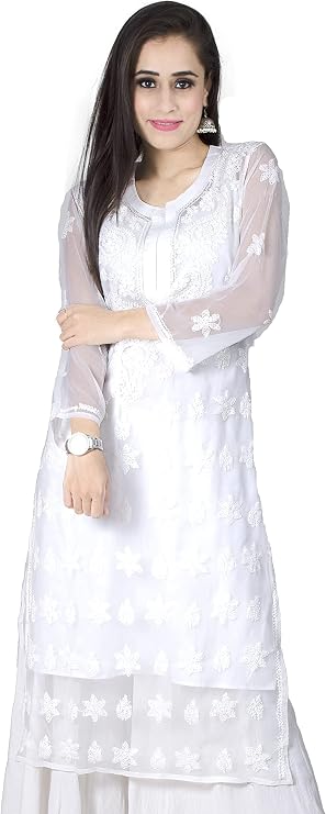 Chandrakala Women's Faux Georgettte Tunic Top 3/4th Sleeve Straight Kurti Kurta,Large,White (K161WHI3)