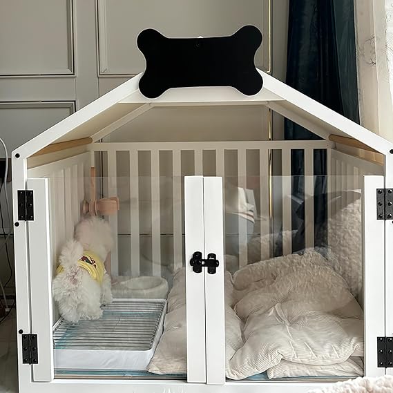 Wooden Dog House with Acrylic Door, Pet Kennel with Soft Cushion, Dog Crate House for Small Medium Dogs (White-Double Door, M: 24.8 * 21.1 * 27.6in)
