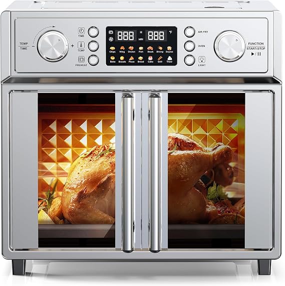 26QT Air Fryer Convection Oven Toaster Oven Combo, 7-in-1 French Door Countertop Oven with 14 Presets, Large Capacity Smart Oven for Baking Roasting Dehydrating and Air Frying Stainless Steel