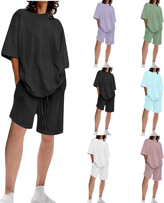Womens Summer Beach Vacation Outfits 2024 2 Piece Short Set Oversized Tshirt Bermuda Shorts Matching Lounge Sets