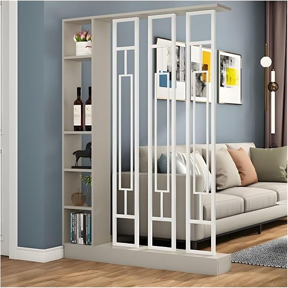 Wall Room Divider with Shelves, Modern Freestanding Wood Room Dividers Bookshelf with Storage Cabinet, Room Divider Bookcase for Home Bedroom Decoration Decorative(Khaki Gray White,100CM/39.5IN)