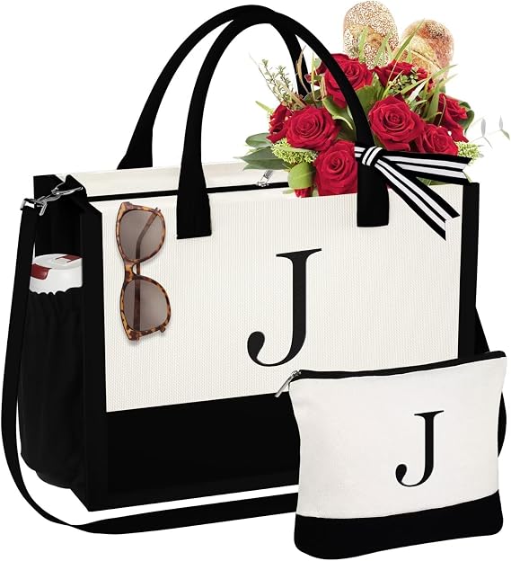 YOOLIFE Birthday Gifts for Women - Initial Canvas Tote Bag & Makeup Bag Monogrammed Beach Bag for Women Mom Sister Friends
