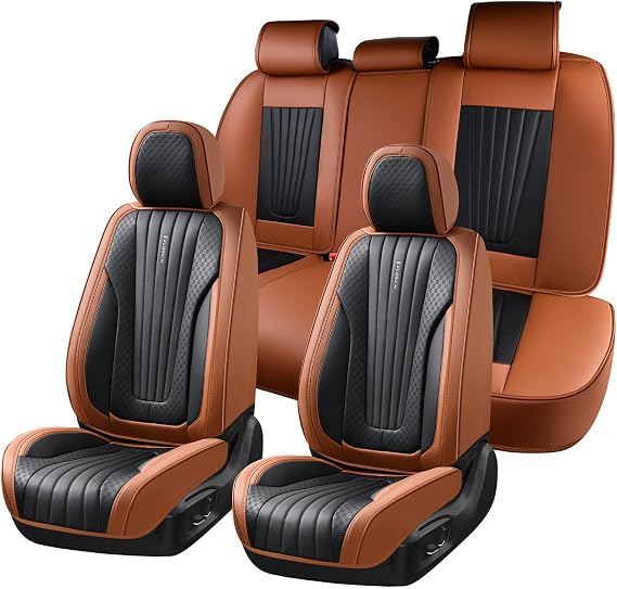 FLORICH Car Seat Covers, Premium Leatherette Car Seat Covers Full Set, Waterproof Leather Car Seat Cushion Front Seats and Back, Breathable Seat Protectors for Sedans Cars SUV Trucks, Black&Brown