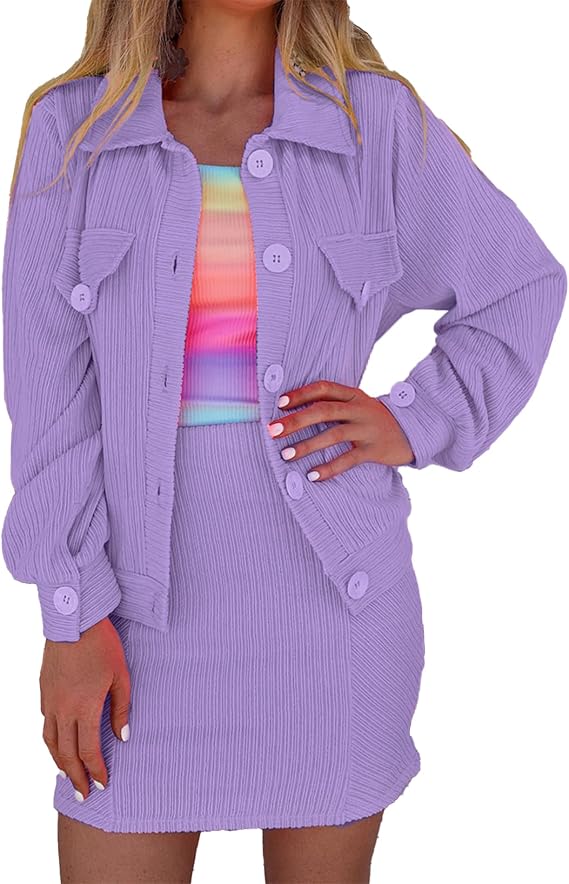 SOMTHRON Women's Casual 2 Piece Outfit Solid Long Sleeve Button Down Shirt Jacket Bodycon Mini Skirt Set Tracksuit
