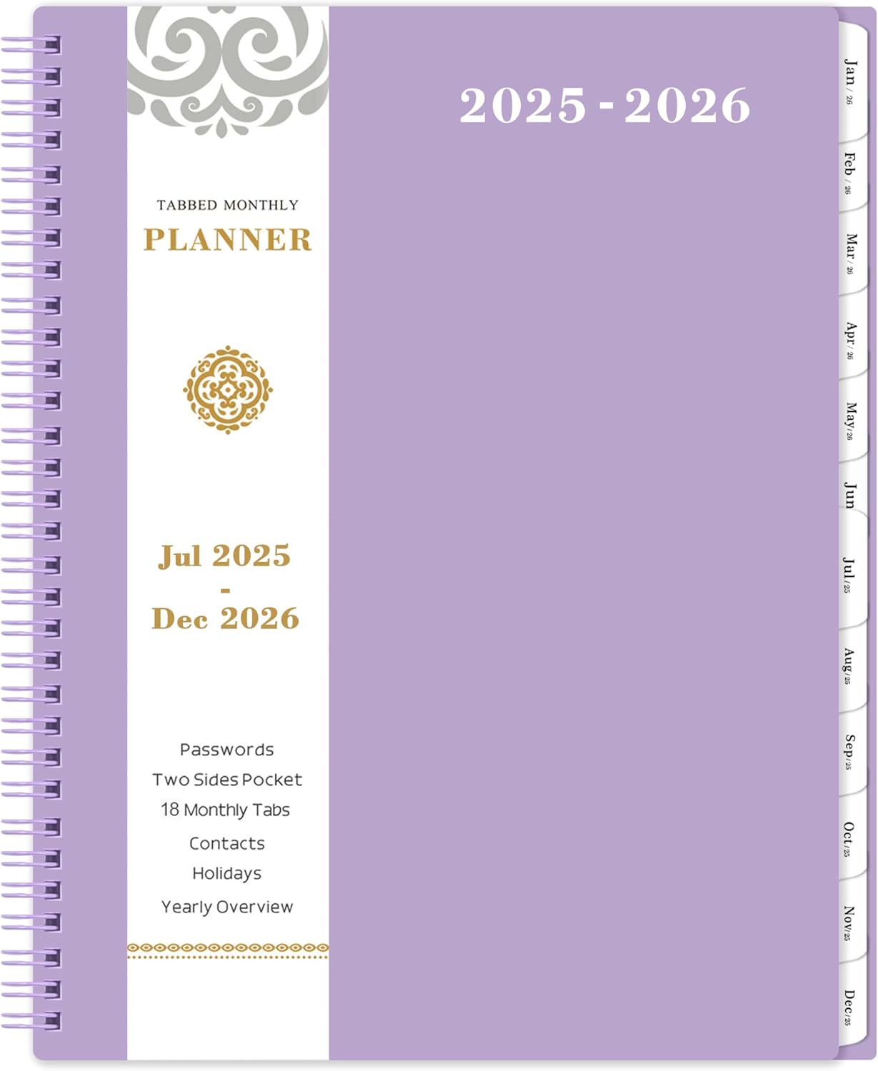 Monthly Planner 2025-2026 - Monthly PlannerCalendar, 18 Monthly Planners with Tabs & Pocket, Contacts and Passwords, Thick Paper, Twin-Wire Binding - Purple 9 x 11