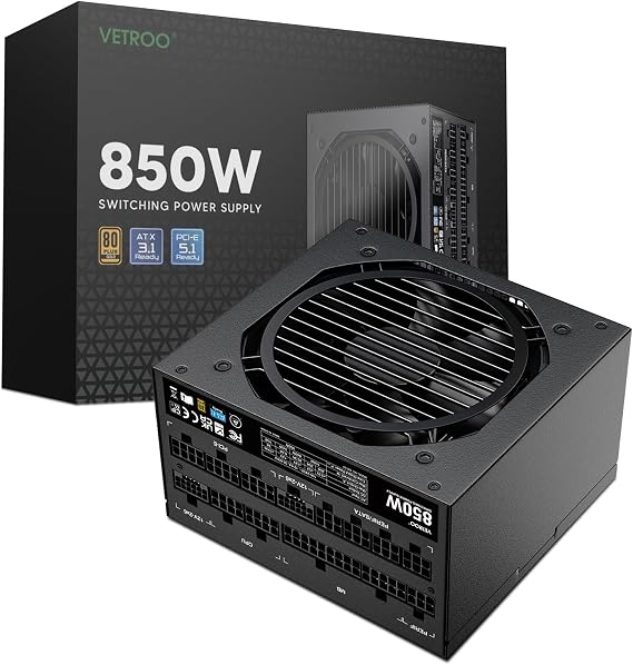 Vetroo Black 850W Power Supply, Dual PCIe 5.1 ATX 3.1 Ready | 80 Plus Gold Certified, Full Modular, Quiet Operation with 120mm FDB Fan,