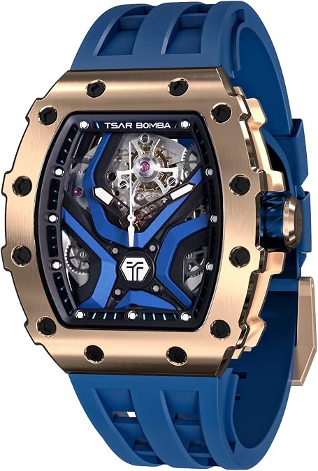 TSAR BOMBA Watches for Men Automatic Mechanical Men's Analog Watch Skeleton Wrist Watch Tonneau Watches Replica Gift Big Face Dial Cool Watch with Luminous Sapphire Crystal Case FKM Rubber Strap