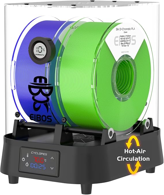 EIBOS Official3D Printer Filament Dryer Cyclopes with Fan, Filament Dry Box 2 Rolls with Adjustable Temp Max 70C, Humidity Sensor, Infinite Timer, Compatible with 1.75mm 2.85mm 3.00mm PLA Nylon TPU