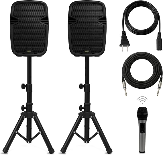 Bowens 8-Inch Bluetooth PA Speaker Set Portable Speakers Bluetooth Wireless Microphone with Stands and Cable Party Speaker & DJ Speakers Outdoor Sound System, PA System Set for Events, Karaoke