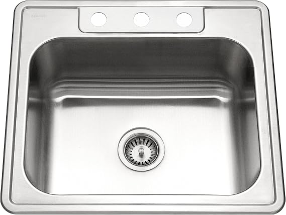 Houzer Stainless Steel 2522-8BS3-1 Glowtone Series Kitchen Sink - 25" Topmount Drop In Multipurpose Sink, Single Bowl Basin, 3 Hole, Ideal for Workstation, RV, Outdoor Kitchen, or Bar