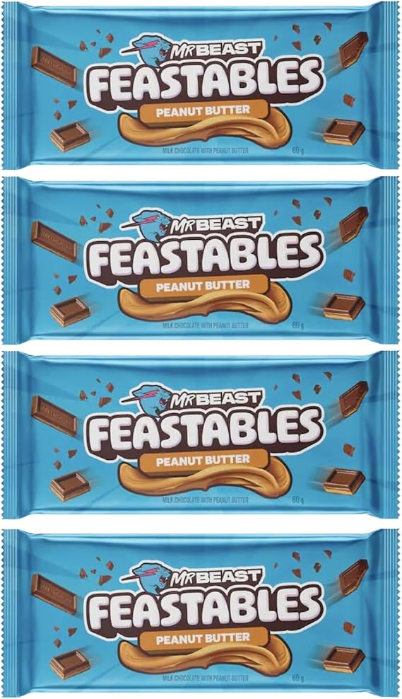 Mr Beast Feastable Chocolate Bundle - x4 60g Mr Beast Feastable Deez Nutz Peanut Butter Chocolate Bars