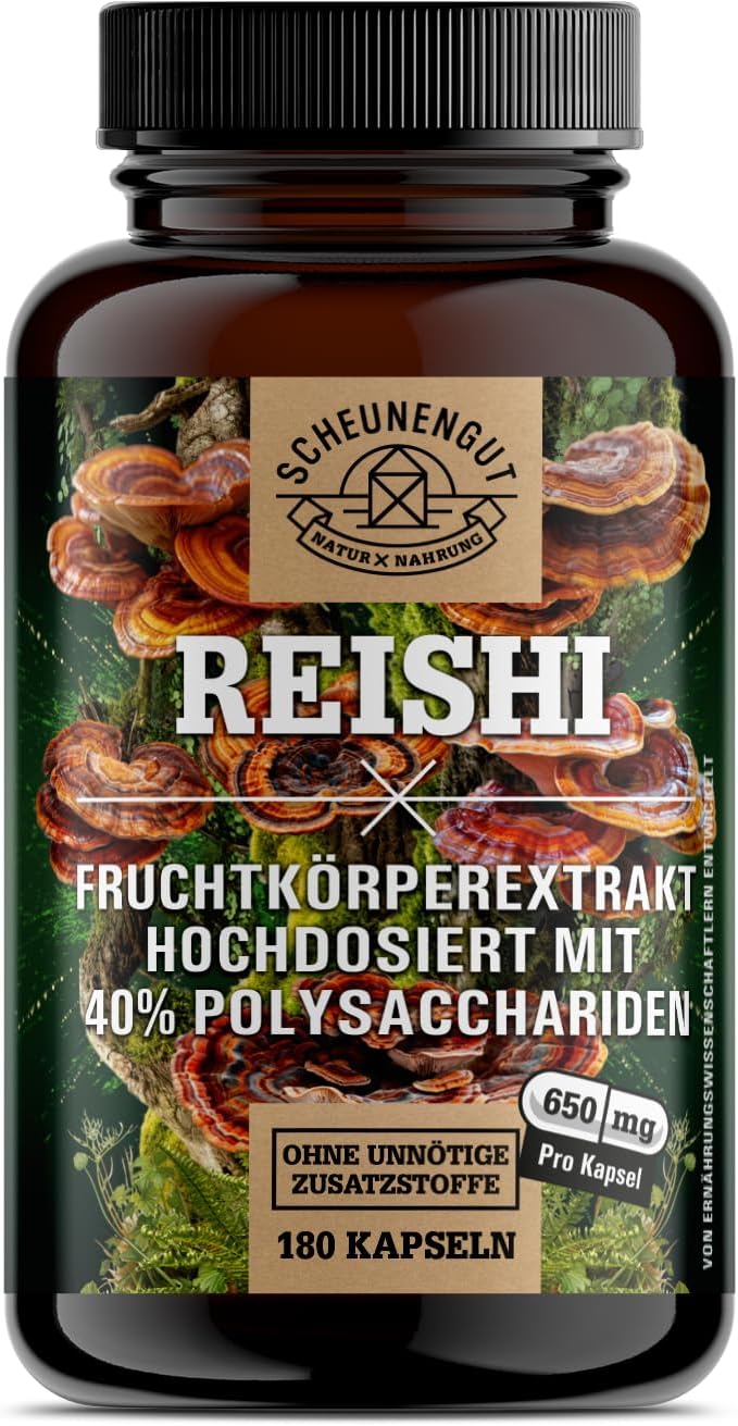 Reishi 1950 mg – Important: 20:1 Extract (= 39000 mg Pure Fruit Body per Daily Dose with 40% Bioactive Polysaccharides) Reishi Capsules High Dose Laboratory Tested SCHEUNENGUT