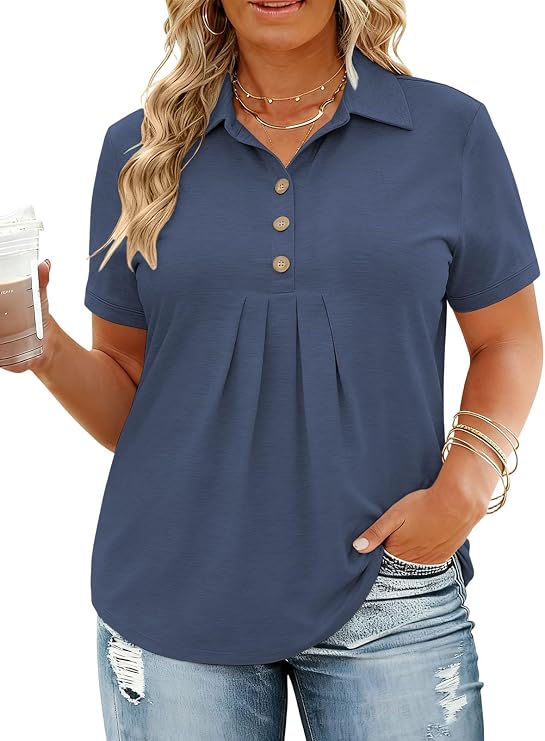 VOGRACE Womens-Plus-Size-Summer-Tops Dressy Polo V Neck Shirts Collared Short Sleeve Blouses Pleated Cute Button Down Tunics
