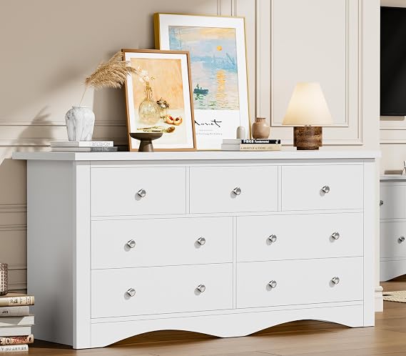 Flamaker Dresser for Bedroom, 7 Drawer Dresser, Wood Dressers, Wide Chest of Drawer, Storage Drawers, Black Storage Organizer for Closet, Hallway (White)