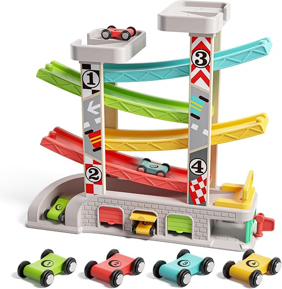 TOP BRIGHT Car Ramp Toys, Race Track Car Toy for Toddler Age 2-4 Boy | Includes 4 Cars & Parking Lot & Gas Station, Toddler Birthday Gift for Boys and Girls