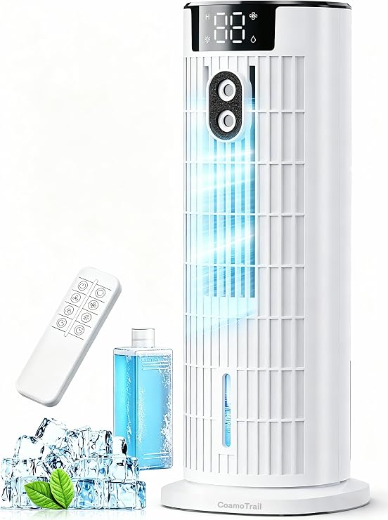 Portable Air Conditioners, 4 in 1 Evaporative Air Cooler, 1000ML Tower Fan with Remote, 3 Wind Speeds&Turbo Mode, 2 Mist,10H Timer, 90 Oscillation Portable AC for Home, Office CoamoTrail (Beige)