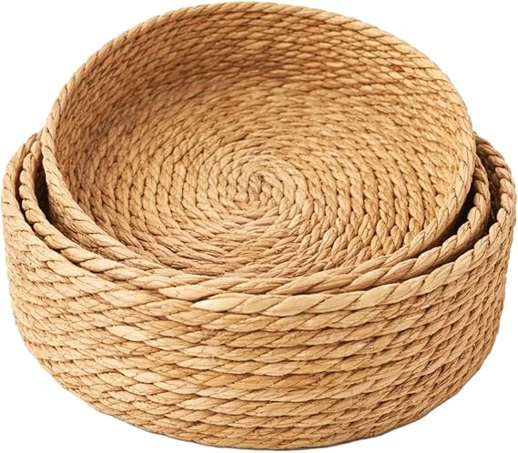 Minifactory 3Pcs Handwoven Natural Rattan Storage Basket Round Woven Straw Basket for Toys Snacks Fruits & Home Organization Decorative Multipurpose Basket for Living Room Kitchen Bedroom