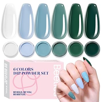 Beetles Dip Powder Liquid Set - 2 In 1 Dip Base & Top Coat and Activator with Beetles Dip Powder Nail Kit, 6 Winter Colors White Bule Green Natural Nail Dip Powder Kit