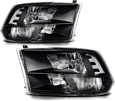 Headlight Assembly for 2009 2010 2011 2012 2013 2014 2015 2016 2017 2018 Doge Ram 1500 2500 3500 Dual Style Headlamp Assembly, Black Housing Clear Corner