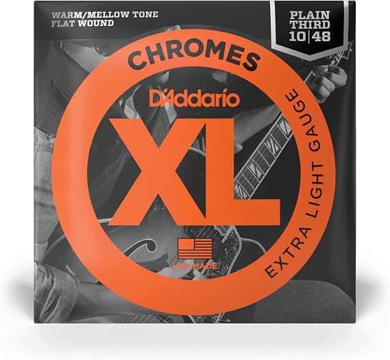 D'Addario Guitar Strings - XL Chromes Electric Guitar Strings - Flat Wound - Polished for Ultra-Smooth Feel and Warm, Mellow Tone - ECG23-PL - Extra Light, Plain Third, 10-48, 1-Pack