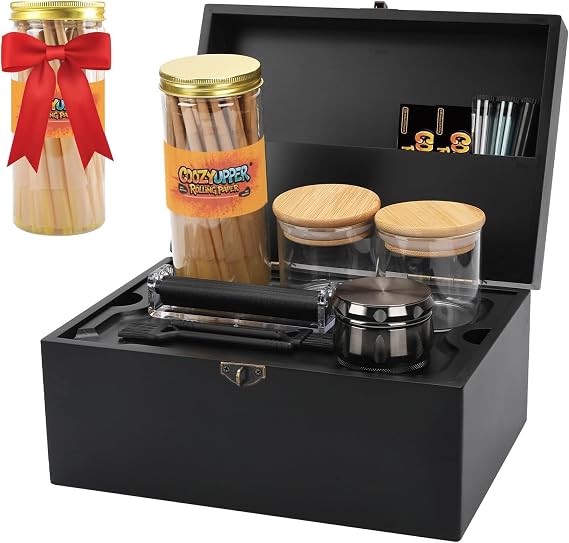 Large Bamboo Storage Box with Lock, Removable Wooden Tray, Airtight Rubber Seal Glass Jars, Decorative Lockable Wooden Organizer Box, Complete Accessories Gift Set