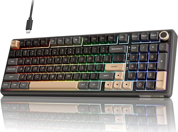 RK ROYAL KLUDGE R98 Pro Wired Mechanical Keyboard, RGB PC Gaming Keyboard with Number Pad and Volume Knob, Gasket Mount, MDA Profile PBT Keycaps, for Win/Mac, Hot Swappable Tactile Beige Switch