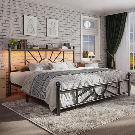 Homkdom Queen Metal Bed Frame with Victorian Headboard & Storage Shelf