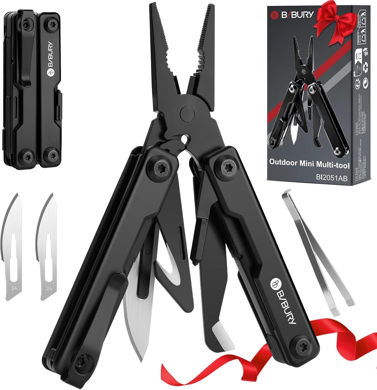 BIBURY Multitools, EDC Mini Pocket Tool, Foldable Pliers with Window Breaker, Multi Tool for Emergency and Daily Use, Birthday Gifts for Men Women, EDC Gadgets Stocking Fillers Gifts for Men Dad-Black