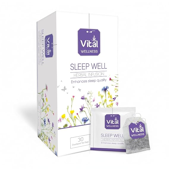 Vital Sleep Well Herbal Tea Chamomile, Lavender & Vanilla Extract Blend Relaxing Bedtime Tea Caffeine-Free 30 Tea Bags