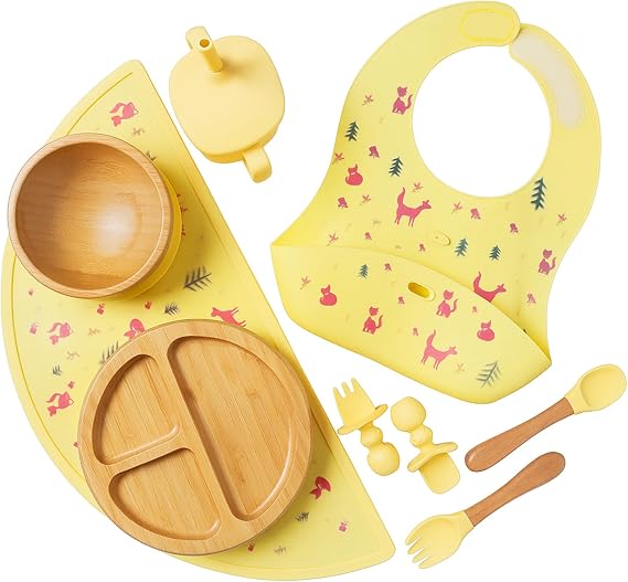 Baby Feeding Set 8 PCS | Baby Led Weaning Supplies Self Feeding | Divided Suction Plate Bowl Bib Sippy Cup with Straw Utensils Baby Bowls and Spoons Toddler Feeding Set (Pink) (Sunshine Yellow)